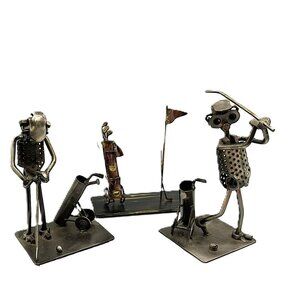 Lot of 3 Metal Golf Figurines Set Handcrafted Iron Art Sculptures